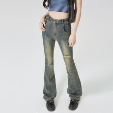 批发美式复古<b class='q'>大码</b>胖mm百搭显瘦弹力牛仔裤女高级感破洞微喇裤<b class='q'>韩版</b>潮流