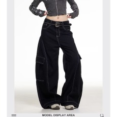 批发港风复古显瘦明线设计感帅气牛仔裤女宽松<b class='q'>街头</b>风宽松阔腿工装裤