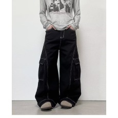 批发港风复古显瘦明线设计感帅气牛仔裤宽松<b class='q'>街头</b>风宽松阔腿工装裤男女