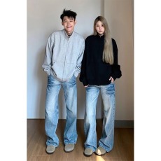 批发浅蓝色闪电纹牛仔裤男春秋季美式高街vibe裤子高级感情侣<b class='q'>长裤</b>