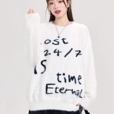 女款基础标语仿貂绒毛衣宽松休闲圆领学院风提花圆领针织衫上衣