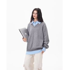 秋冬新款时尚男士翻领上衣休闲风复古拼色毛衣潮流假两件针织衫男