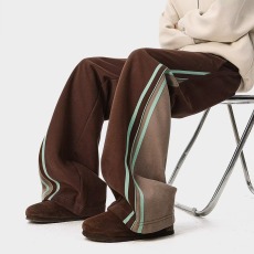 批发美式复古条纹拼接弯刀休闲卫裤<b class='q'>男</b>女潮牌运动裤子cleanfit直筒长裤