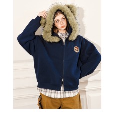 批发美式高街藏青色毛领卡通刺绣<b class='q'>连帽卫衣</b>女秋冬加绒宽松开衫外套上衣