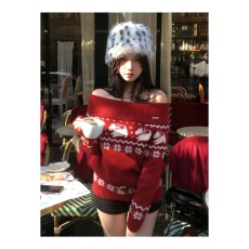 批发新年氛围<b class='q'>毛衣</b>女冬季慵懒费尔岛针织衫红色一字肩上衣