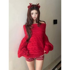 批发2025超好看圣诞穿搭两件套女秋冬一字肩红色<b class='q'>毛衣</b>显瘦慵懒短裤子潮