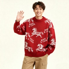 批发马年本命年新年款拜年<b class='q'>毛衣</b>男卡通提花喜庆加厚潮流2026新款针织衫