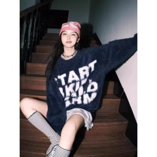 批发秋冬韩版时髦cleanfit复古慵懒风长毛绒字母提花<b class='q'>毛衣</b>男宽松针织衫