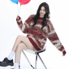 批发秋冬重磅软糯马海毛<b class='q'>毛衣</b>女美式复古宽松条纹针织衫潮