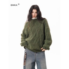 批发美式仙踪绿麻花纹圆领<b class='q'>毛衣</b>女男秋季覆古宽松休闲百搭针织上衣情侣