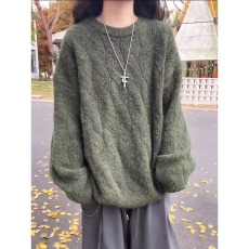 批发老钱风绿色绞花圆领<b class='q'>毛衣</b>男款秋冬美式复古慵懒风针织衫内搭打底衫