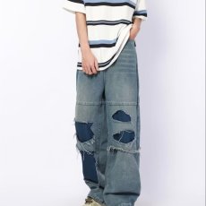 批发美式<b class='q'>街头</b>破洞牛仔裤男女设计感直筒复古做旧拼接阔腿裤拖地长裤潮