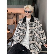 批发春秋韩版复古痞帅飞行员文艺格子纹<b class='q'>夹克</b><b class='q'>男</b>士宽松翻领潮流<b class='q'>外套</b>