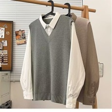 日系假两件长袖衬衫男春秋季潮流内搭针织毛衣美式宽松学院风衬衫