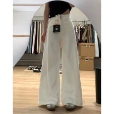 批发白色阔腿牛仔裤女早春新款高腰宽松设计感双排扣垂感直筒拖地长裤