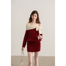 批发圣诞穿搭独特超好看蝴蝶结一字肩<b class='q'>红色</b><b class='q'>连衣裙</b>特别漂亮掐腰裙25冬季