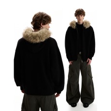 批发美式复古毛领连帽<b class='q'>开衫</b>毛衣<b class='q'>男</b>秋冬季高级感针织衫外套