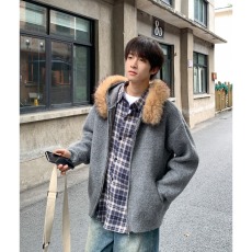 批发美式复古毛领连帽<b class='q'>开衫</b>毛衣<b class='q'>男</b>秋冬季高级感针织衫外套