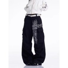 批发美式复古豹纹拼接弯刀牛仔裤女<b class='q'>街头</b>辣妹大口袋宽松显瘦阔腿拖地裤