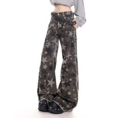 美式微喇迷彩工装牛仔裤2025春新款女高腰宽松百搭时尚阔腿拖地裤