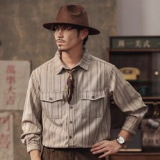 批发复古条纹<b class='q'>长袖</b><b class='q'>衬衫</b>男士秋季新款宽松休闲美式工装<b class='q'>衬衣</b>男