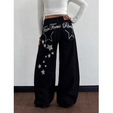 美式复古星星Baggy弯刀牛仔裤宽松高街阔腿男女长裤潮