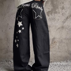 美式复古星星字母印花黑色弯刀牛仔裤baggy男女宽松休闲阔腿长裤