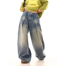 美式复古牛仔裤男女秋季水洗做旧宽松显瘦直筒阔腿裤