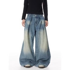 水洗弯刀牛仔裤男士春秋季新款美式高街宽松垂感直筒长裤子