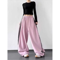 春秋新款2025工装裤女休闲阔腿美式拼接侧边条黑色运动阔腿长裤子