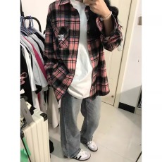 批发韩系风格穿搭黑粉格子衬衫<b class='q'>男</b>式长袖衬衣vintage复古情侣外套