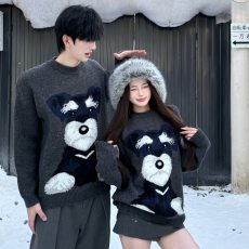 批发小狗图案圆领针织衫男女秋季复古慵懒风情侣休闲打底毛衣