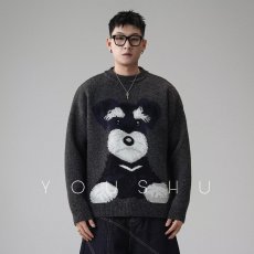 批发提花小狗图案圆领针织衫男女秋季复古慵懒风情侣休闲打底毛衣潮流