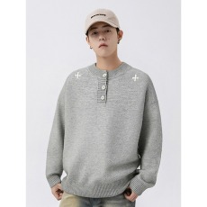 批发秋冬季潮牌亨利领刺绣<b class='q'>毛衣</b><b class='q'>男士</b>情侣痞帅纯色慵懒风针织衫痞帅上衣