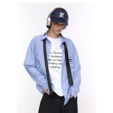 美式休闲刺绣长袖条纹衬衫ins男宽松复古痞帅设计感领带衬衣潮牌