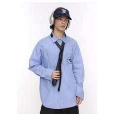 美式休闲刺绣长袖条纹衬衫ins男宽松复古痞帅设计感领带衬衣潮牌