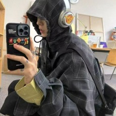 日系复古连帽夹克男女款秋季新款暗纹抗皱大格子宽松百搭潮流外套