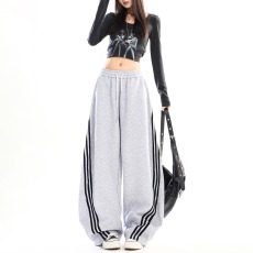 批发美式重磅撞色条纹卫裤<b class='q'>男</b>女秋季宽松垂感情侣休闲裤阔腿拖地长<b class='q'>裤子</b>