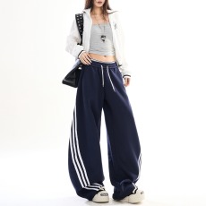 批发美式重磅撞色条纹卫裤<b class='q'>男</b>女秋季宽松垂感情侣休闲裤阔腿拖地长<b class='q'>裤子</b>