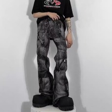 批发美式复古小众设计感嘻哈<b class='q'>牛仔裤</b>男潮牌高街水洗扎染拉链微喇长裤子