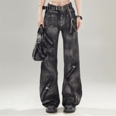 批发美式复古小众设计感嘻哈<b class='q'>牛仔裤</b>男潮牌高街水洗扎染拉链微喇长裤子
