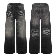 批发高街水洗做旧微喇黑色<b class='q'>牛仔裤</b>男小众闪电纹痞帅显瘦百搭长裤子