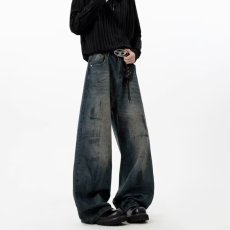 批发新款日系复古水洗做旧弯刀<b class='q'>牛仔裤</b>男女生宽松直筒休闲阔腿拖地裤潮