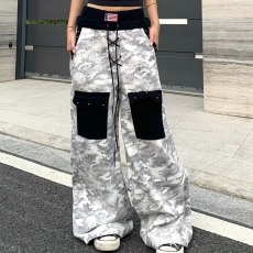 批发美式复古印花扎染垂感阔腿<b class='q'>牛仔裤</b>女秋季高腰休闲宽松显瘦拖地长裤