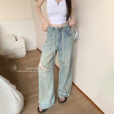 批发复古抽绳做旧破洞<b class='q'>牛仔裤</b>女夏季高腰宽松阔腿裤直筒垂感拖地长裤子