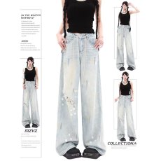 批发复古洗水涂鸦高腰阔腿破洞<b class='q'>牛仔裤</b>女夏季薄款宽松显瘦垂感拖地裤