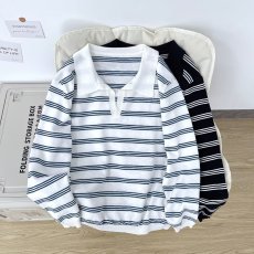 批发韩国chic<b class='q'>夏</b>季减龄气质polo领撞色宽松百搭休闲长袖条纹T恤上衣