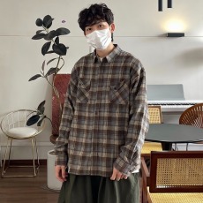 批发日系复古秋冬格子<b class='q'>长袖</b><b class='q'>衬衫</b><b class='q'>男</b>女工装宽松情侣慵懒风休闲<b class='q'>衬衣</b>外套