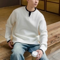 批发<b class='q'>男士</b>纯色<b class='q'>毛衣</b>男圆领假两件宽松慵懒风长袖针织上衣百搭男装新款