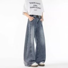 批发复古蓝高街宽松阔腿牛仔裤男美式复古设计感<b class='q'>高腰</b>垂感弯刀拖地裤子